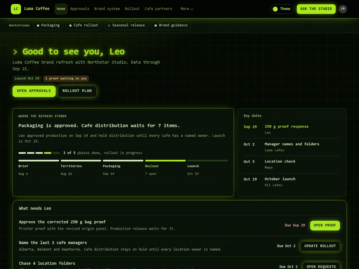 Brand studio client portal in the Toxic (Futuristic) theme