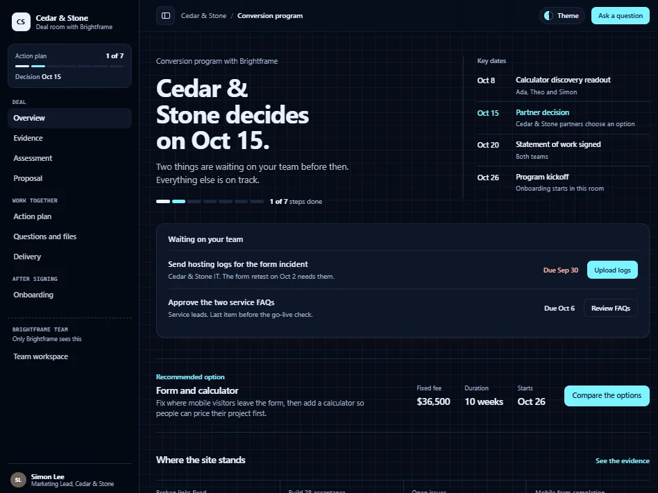 Web and CRO agency deal room in the Night draft (Dark) theme
