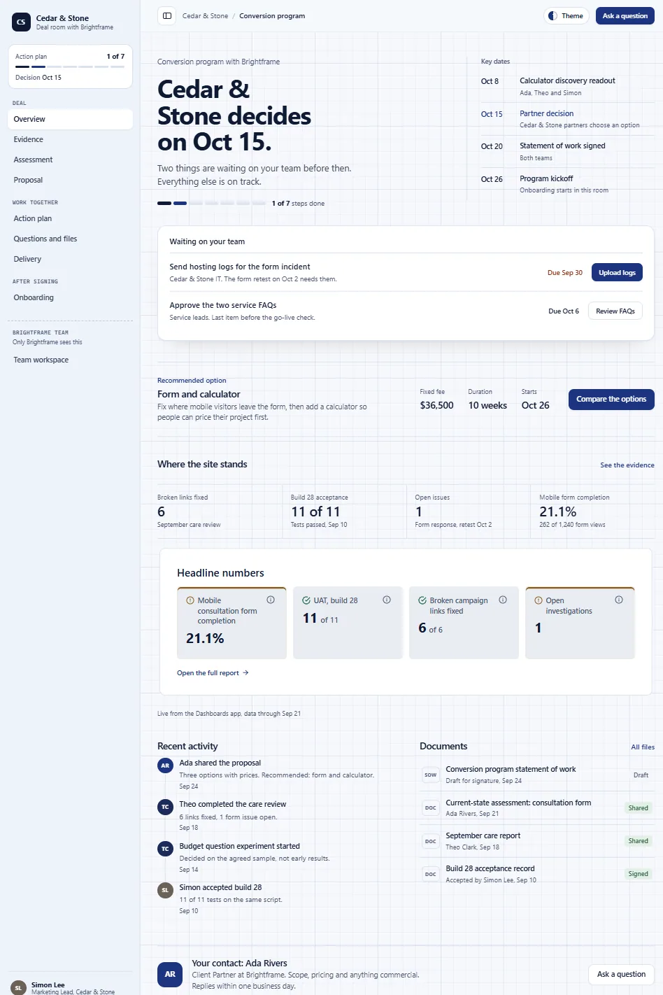 Web and CRO agency deal room in the Drafting (Light) theme