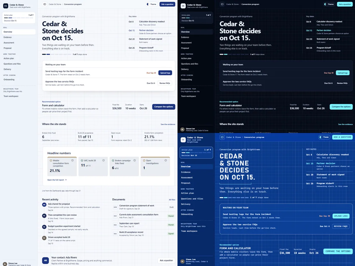 Web and CRO agency deal room: Drafting (Light) theme on the left, Night draft (Dark) top right and Blueprint (Futuristic) bottom right