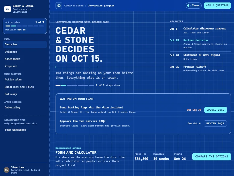 Web and CRO agency deal room in the Blueprint (Futuristic) theme