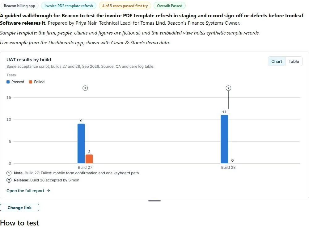 Screenshot of the Client acceptance testing sign-off document page