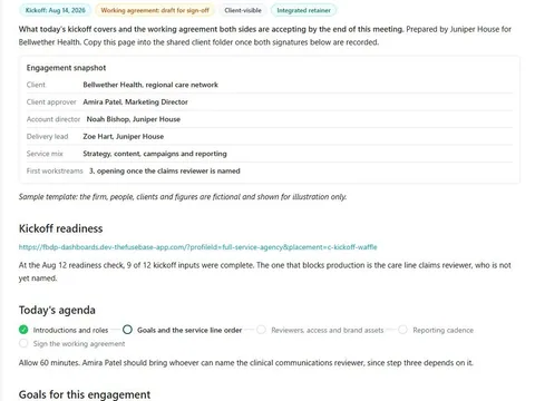 Actual FuseBase kickoff document showing readiness badges, engagement owners and meeting agenda