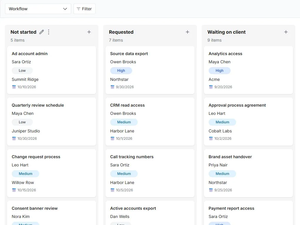 Client onboarding and access tracker: actual workflow board with populated status columns