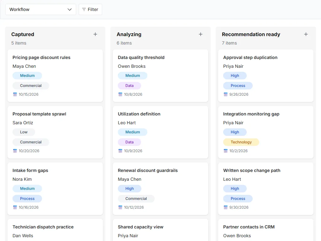 Consulting engagement and decision log: actual workflow board with populated status columns