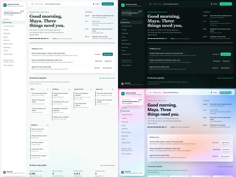 Content agency editorial portal: Paper (Light) theme on the left, Deep teal (Dark) top right and Aurora glass (Futuristic) bottom right