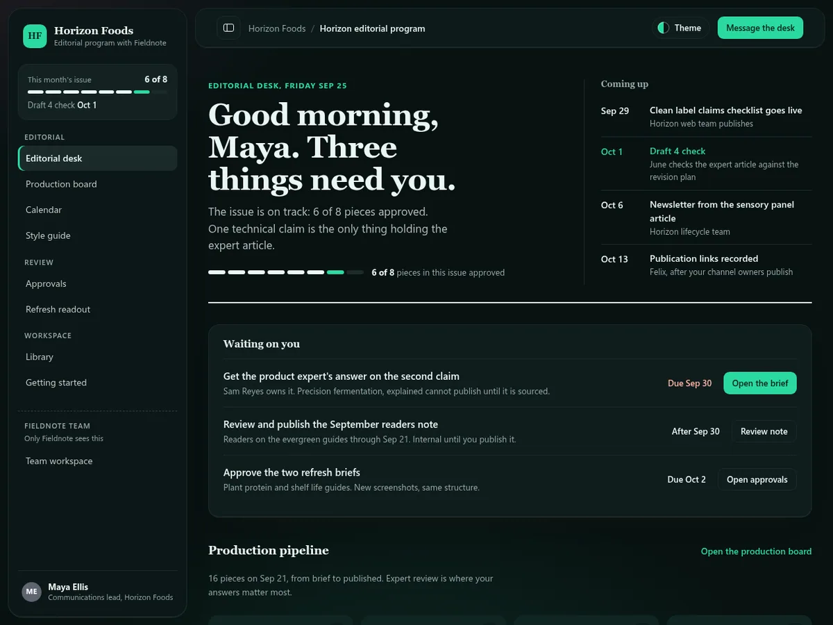 Content agency editorial portal in the Deep teal (Dark) theme