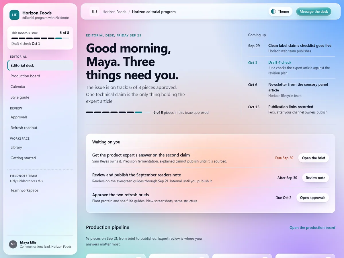 Content agency editorial portal in the Aurora glass (Futuristic) theme