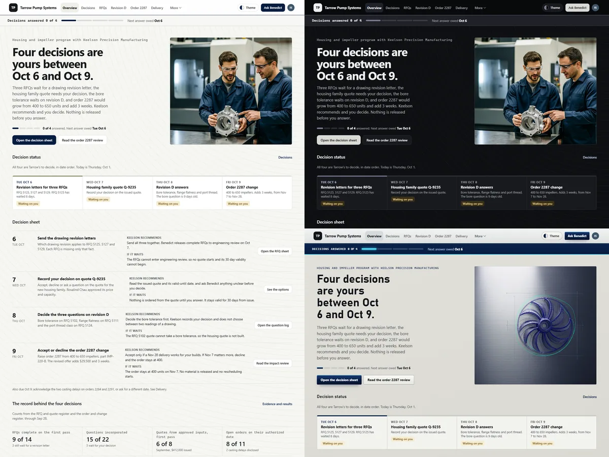 Contract manufacturing quote and order room: Bench (Light) theme on the left, Lights out (Dark) top right and Toolpath (Futuristic) bottom right