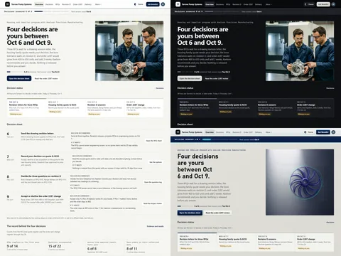 Contract manufacturing quote and order room: Bench (Light) theme on the left, Lights out (Dark) top right and Toolpath (Futuristic) bottom right
