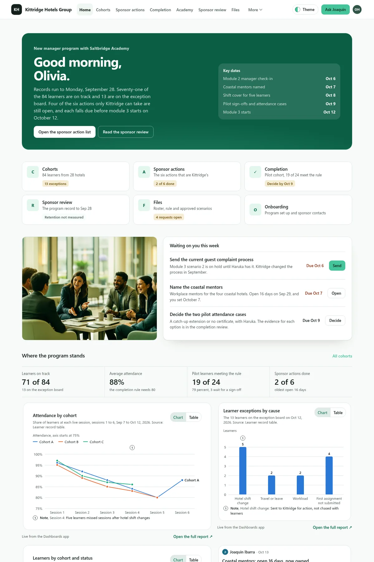 Corporate training program portal in the Linen (Light) theme