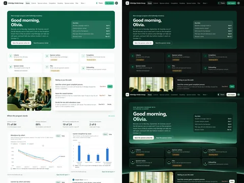 Corporate training program portal: Linen (Light) theme on the left, Night lobby (Dark) top right and Jade horizon (Futuristic) bottom right