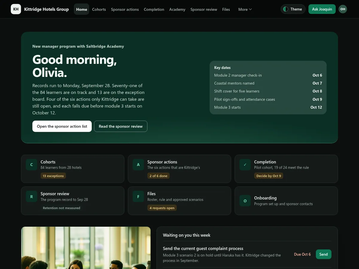 Corporate training program portal in the Night lobby (Dark) theme
