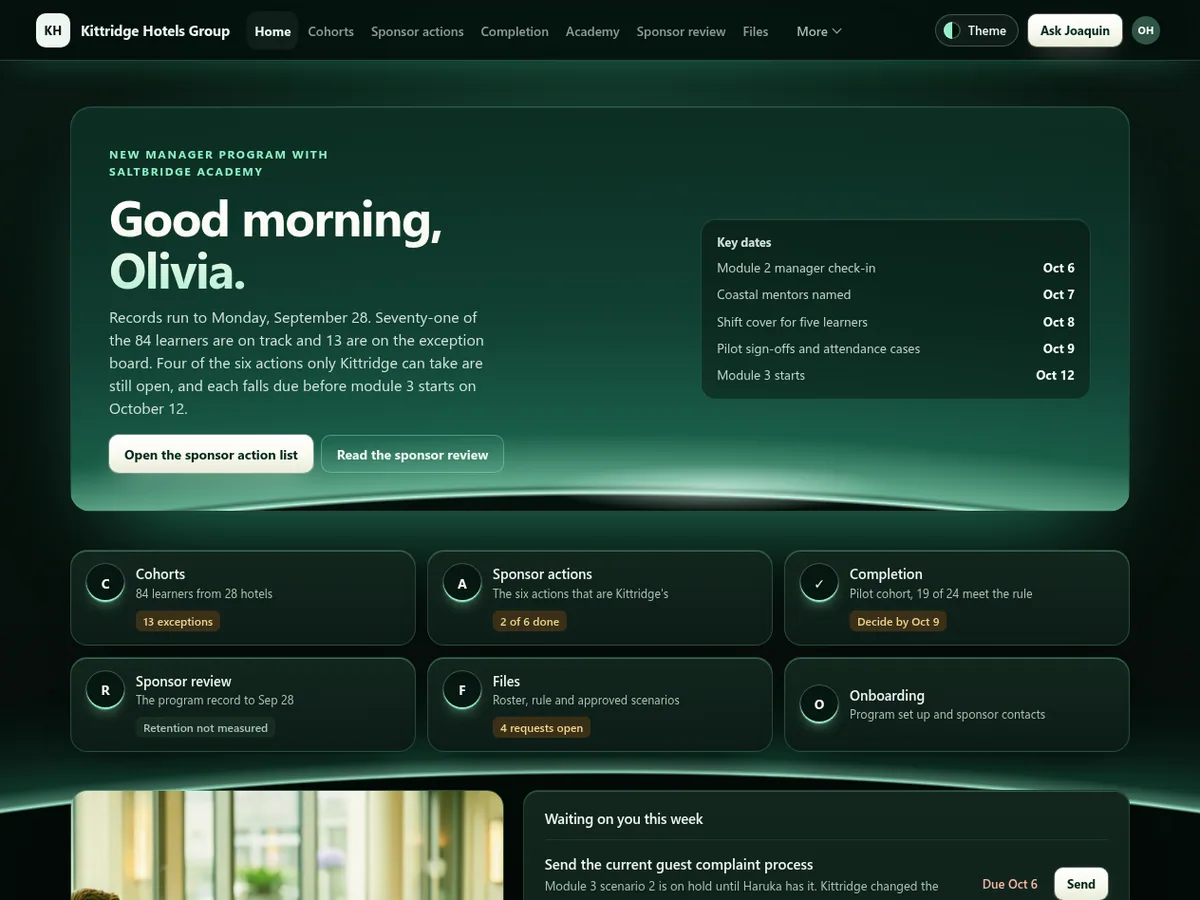 Corporate training program portal in the Jade horizon (Futuristic) theme