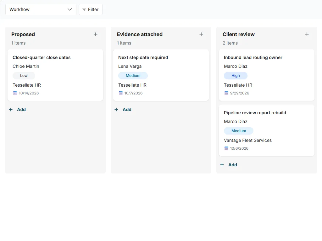 CRM change request and acceptance log: actual workflow board with populated status columns