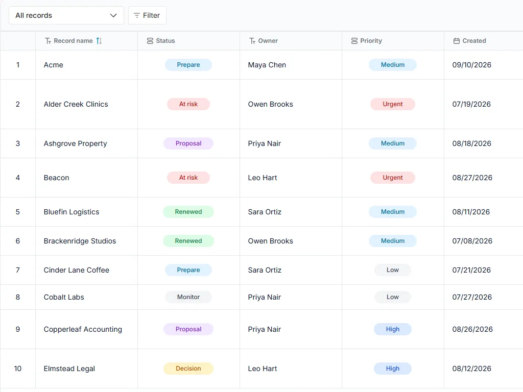 Customer renewal and expansion board: populated all-records table with status, owner and priority fields