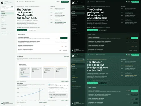Data reporting retainer portal: Survey (Light) theme on the left, Night survey (Dark) top right and Topographic night (Futuristic) bottom right