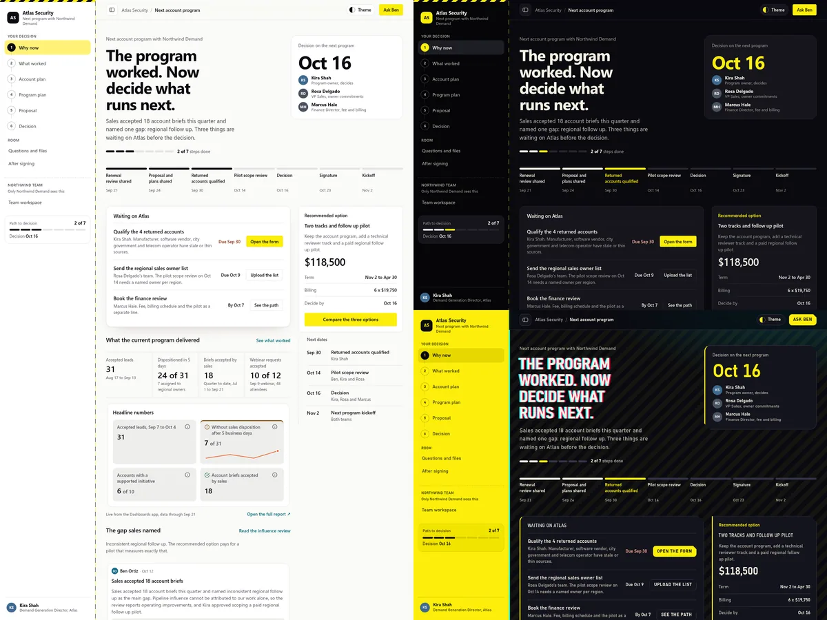 Demand generation renewal deal room: Signal (Light) theme on the left, Night city (Dark) top right and Cyberpunk (Futuristic) bottom right