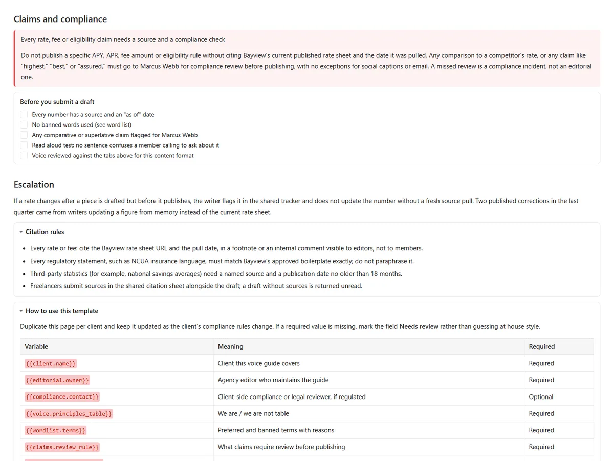 Actual FuseBase document showing claims review requirements and the editorial submission checklist.