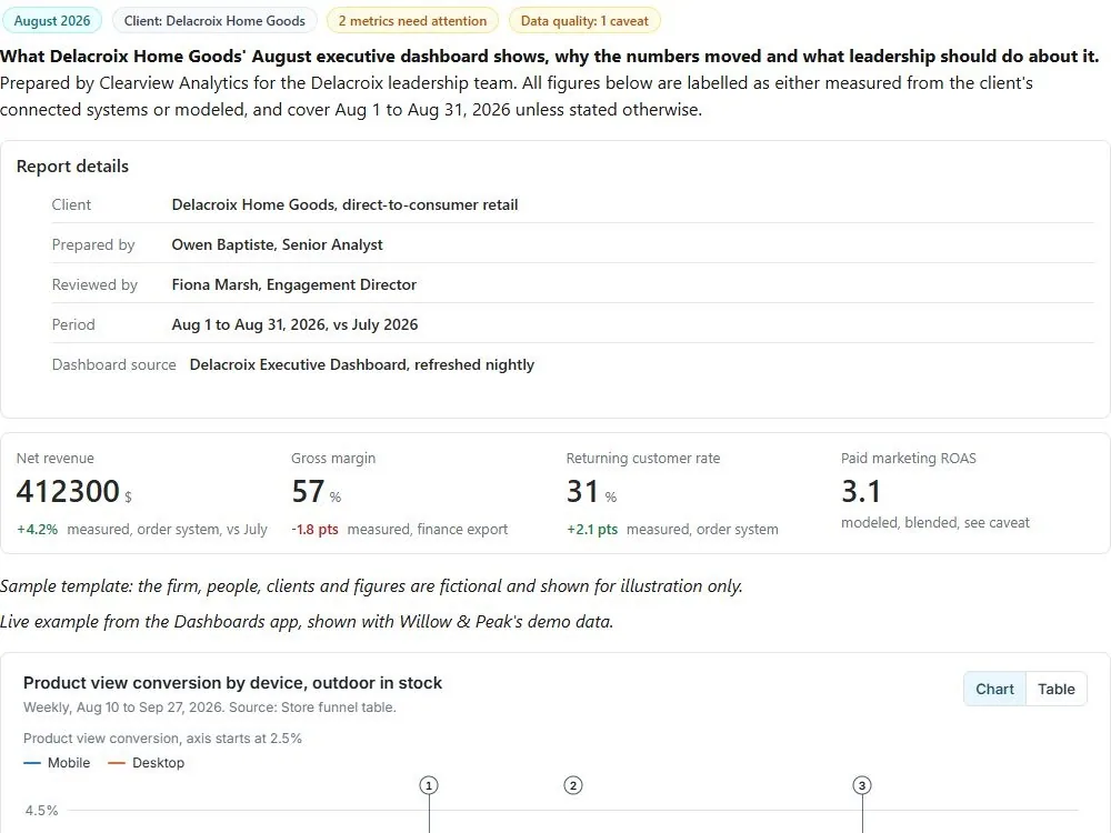Screenshot of the Executive dashboard monthly commentary document page