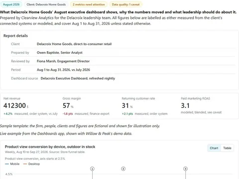 Screenshot of the Executive dashboard monthly commentary document page