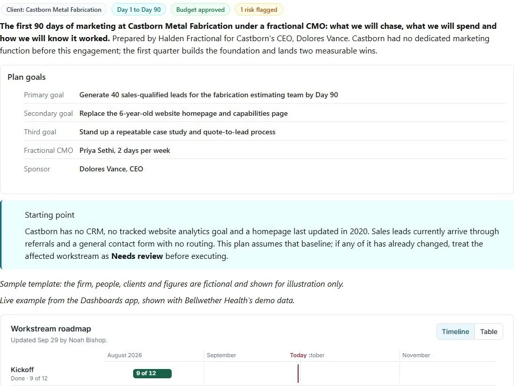 Screenshot of the Fractional CMO 90-day marketing plan document page
