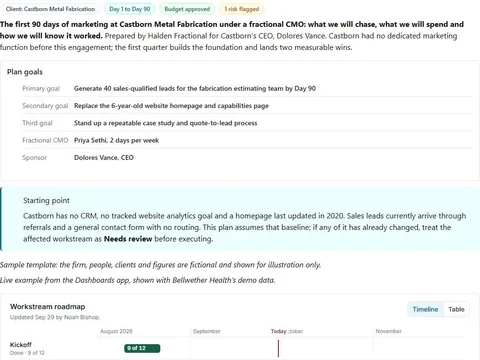 Screenshot of the Fractional CMO 90-day marketing plan document page