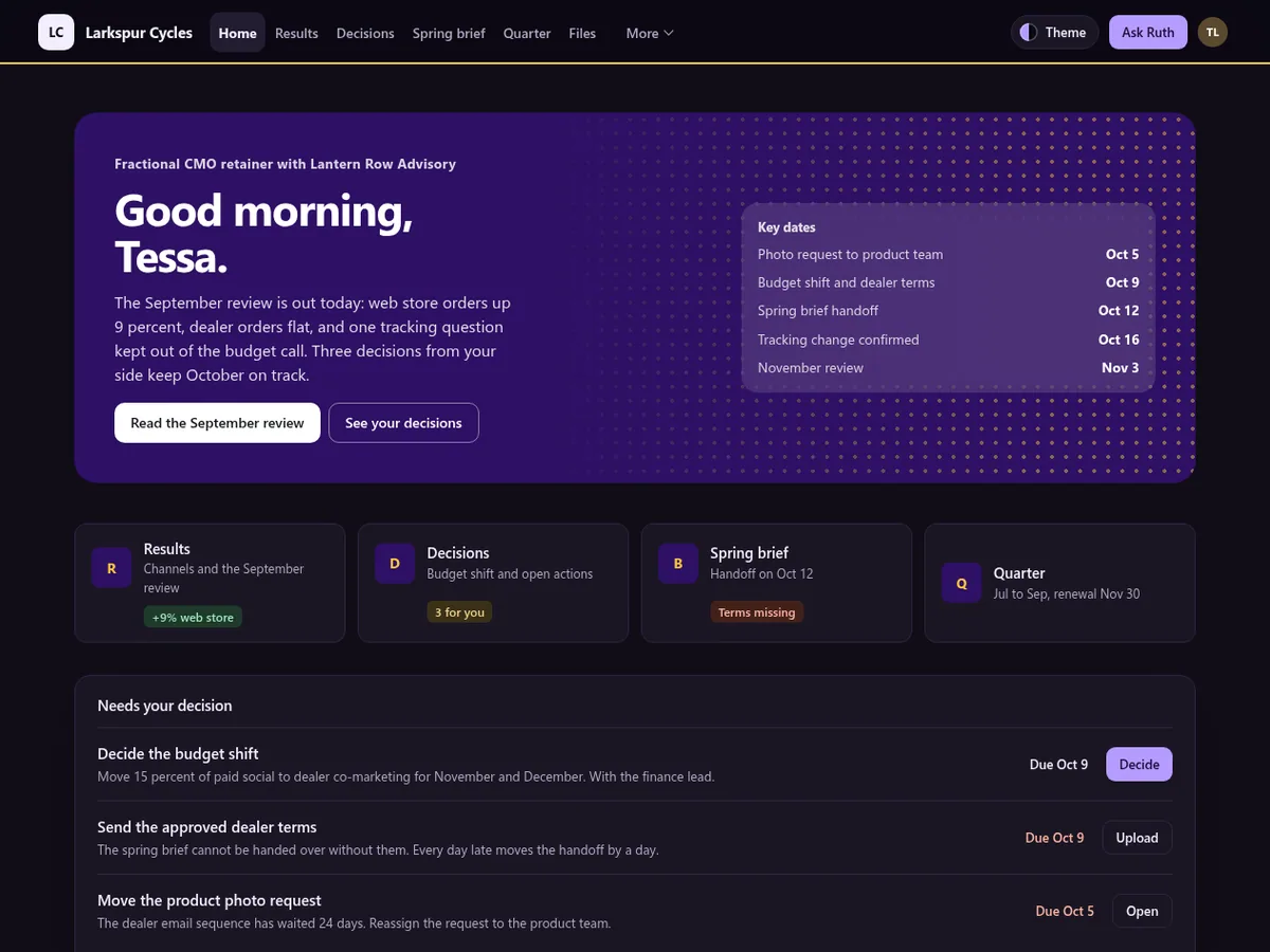 Fractional CMO client portal in the Night press (Dark) theme