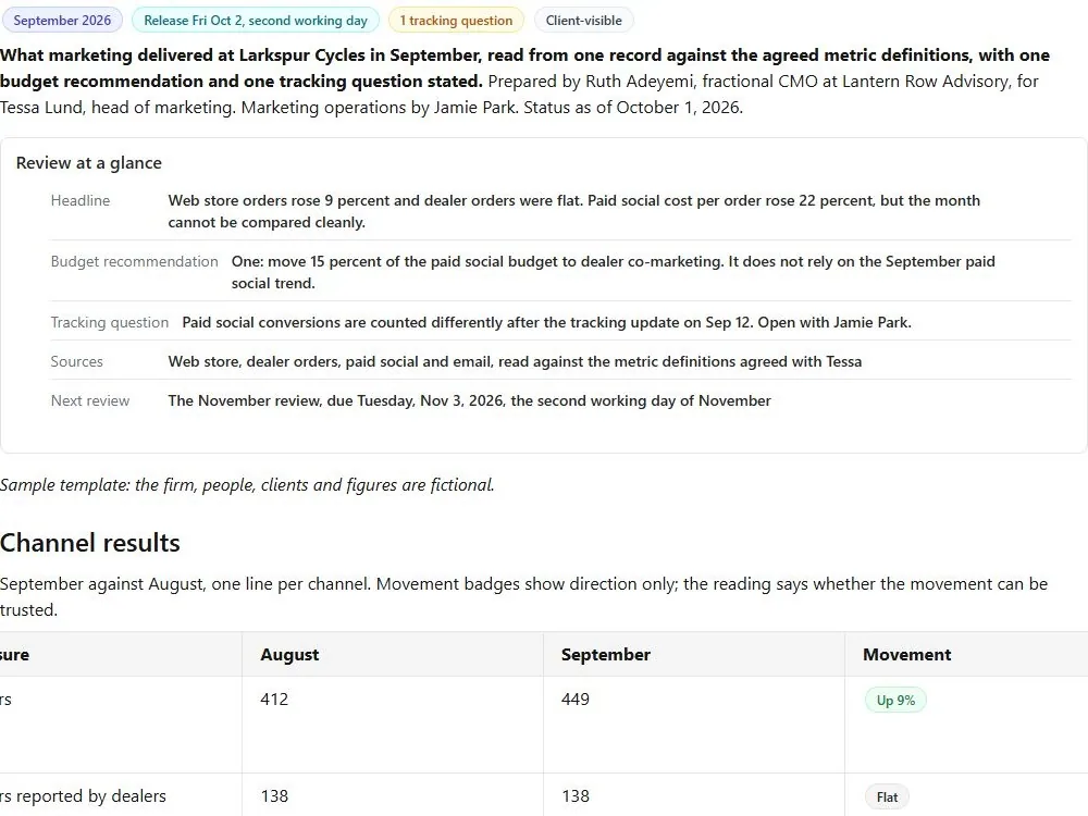 Screenshot of the Fractional CMO monthly review document page