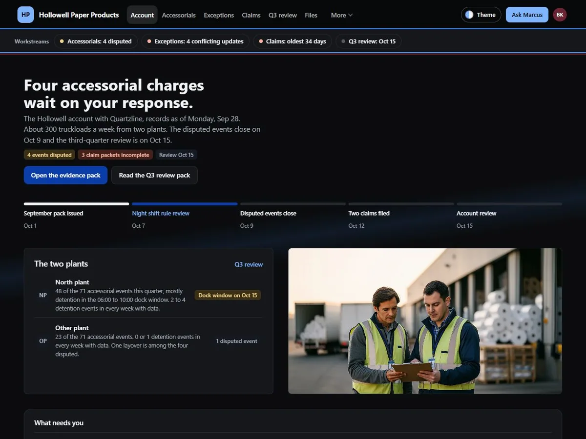 Freight shipper account portal in the Night run (Dark) theme