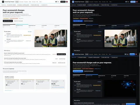 Freight shipper account portal: Day run (Light) theme on the left, Night run (Dark) top right and Control tower (Futuristic) bottom right