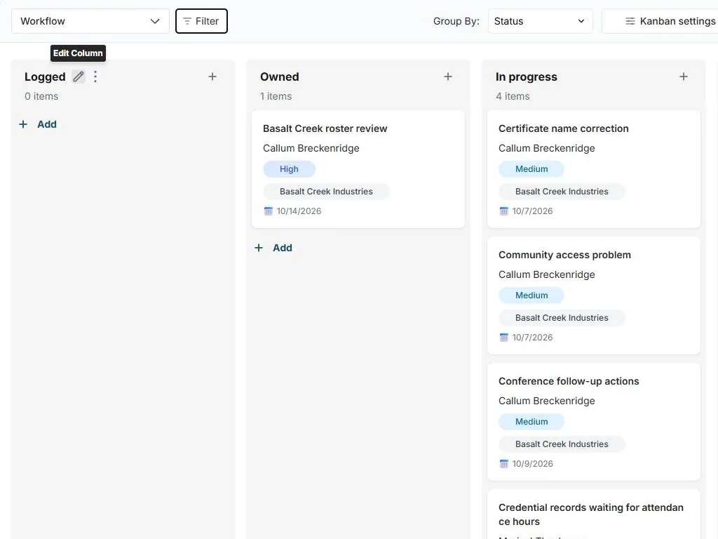 Group membership, member request and sponsor record in FuseBase Databases: Workflow Kanban view