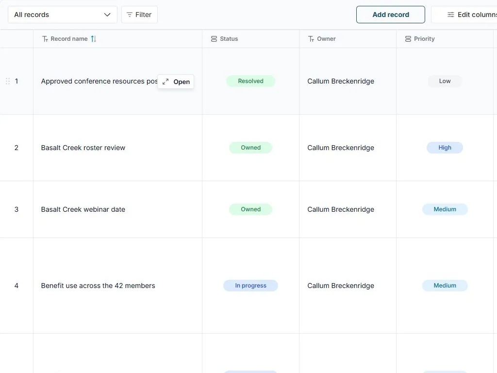 Group membership, member request and sponsor record in FuseBase Databases: All records table view