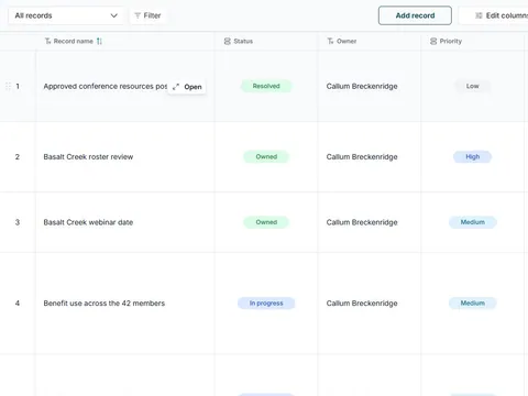 Group membership, member request and sponsor record in FuseBase Databases: All records table view