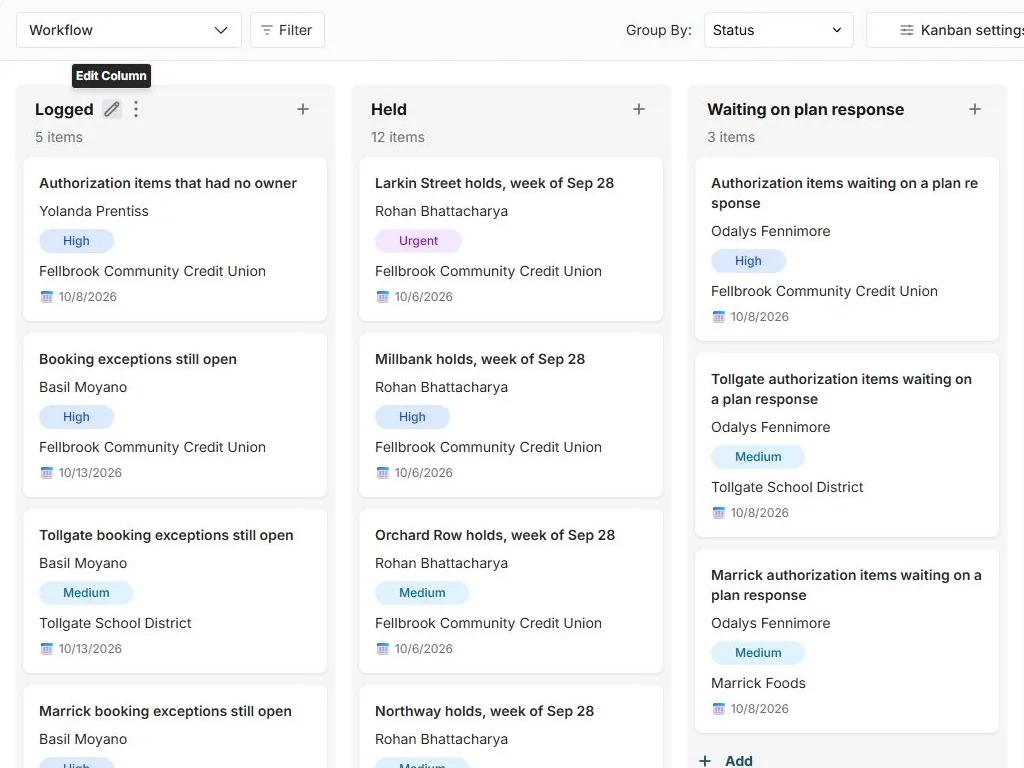 Intake holds, authorization queue and booking exceptions in FuseBase Databases: Workflow Kanban view