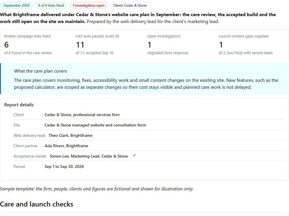 Screenshot of the Maintenance retainer monthly report document page