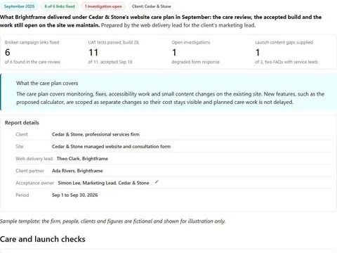 Screenshot of the Maintenance retainer monthly report document page