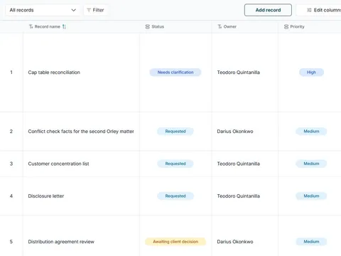 Matter closing and deal administration tracker in FuseBase Databases: All records table view