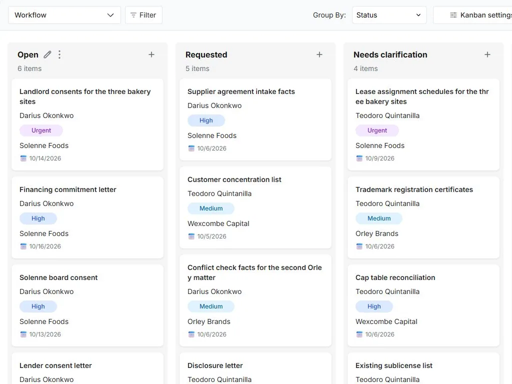 Matter closing and deal administration tracker in FuseBase Databases: Workflow Kanban view