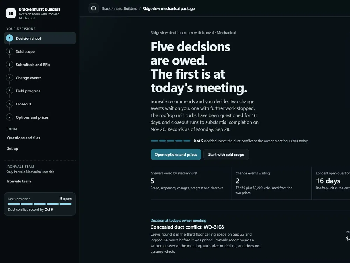 Mechanical contractor decision room in the Cold night (Dark) theme