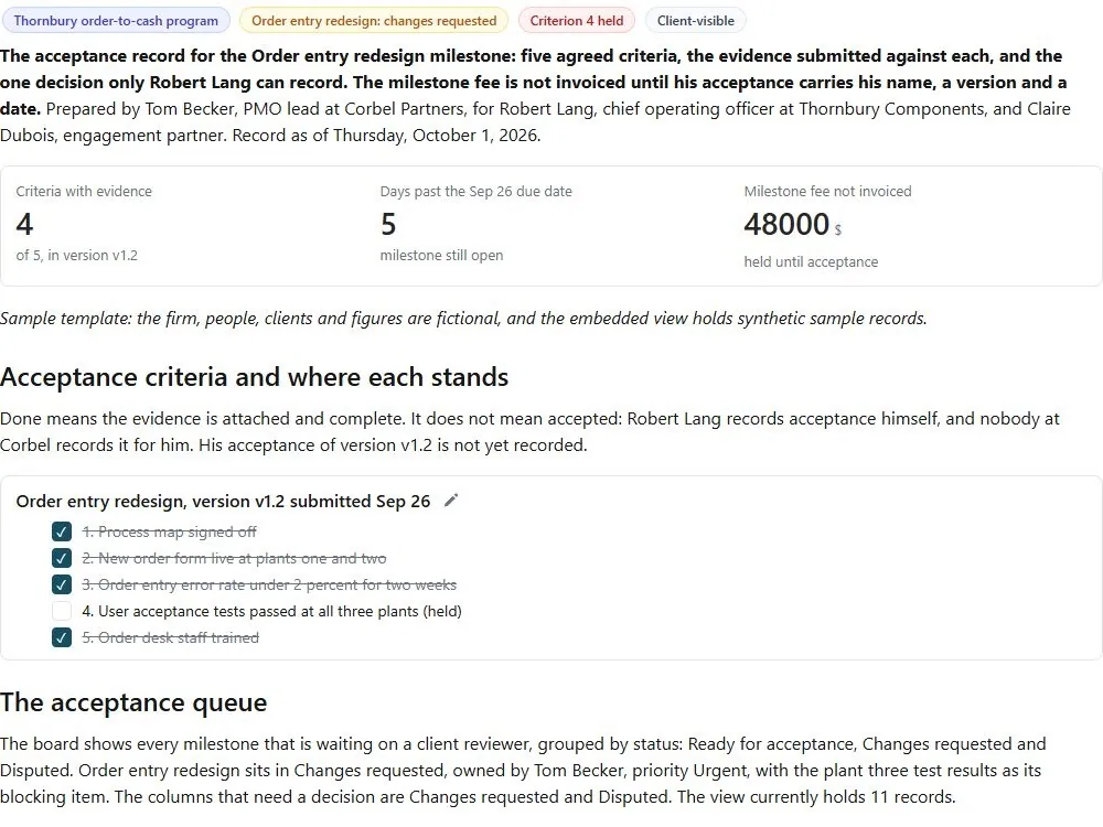 Screenshot of the Milestone acceptance record document page