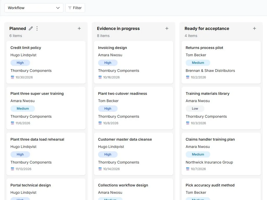 Milestone acceptance tracker: actual workflow board with populated status columns
