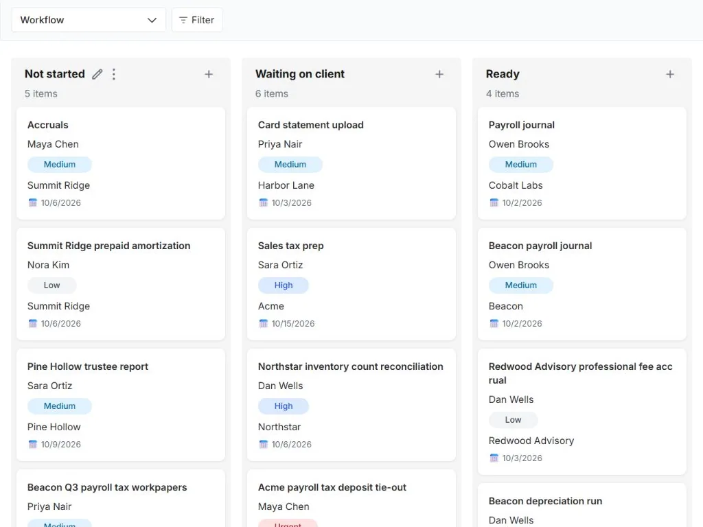 Month-end close and client document tracker: actual workflow board with populated status columns