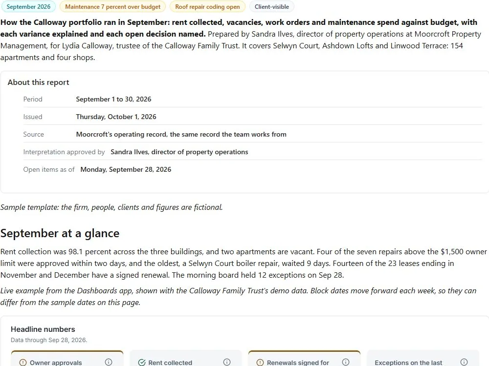 Monthly owner report: actual FuseBase page content below its header image