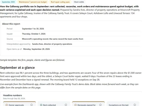 Monthly owner report: actual FuseBase page content below its header image