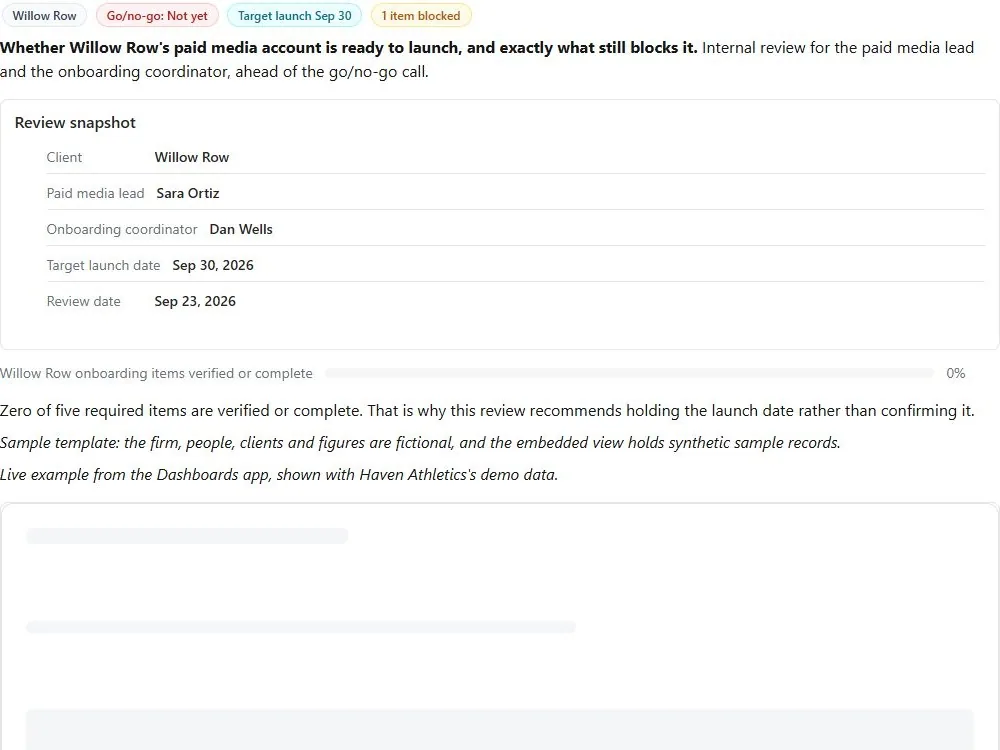 Screenshot of the New account launch readiness review document page