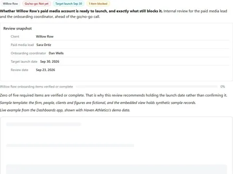 Screenshot of the New account launch readiness review document page