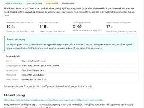 Screenshot of the Paid media weekly pacing and budget review document page