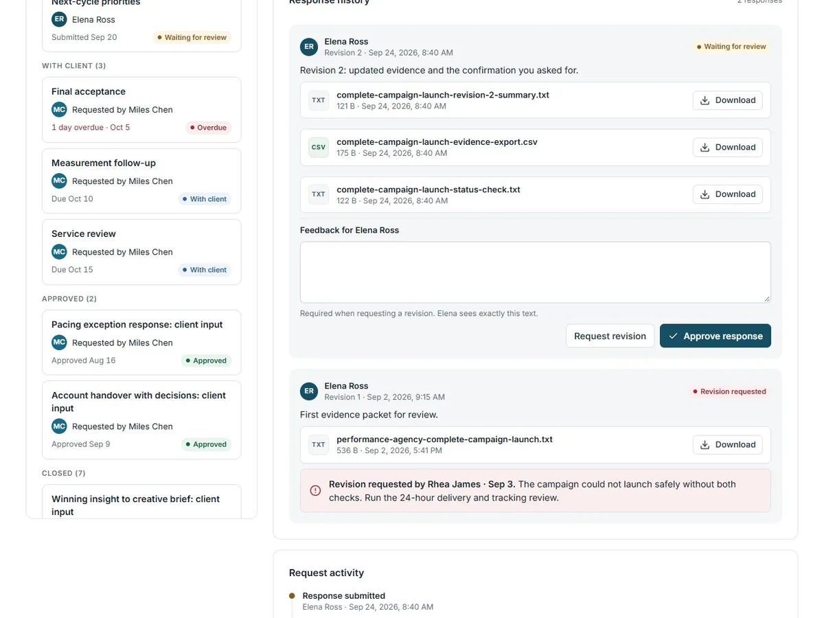 Admin request response history showing revision files, feedback and review controls