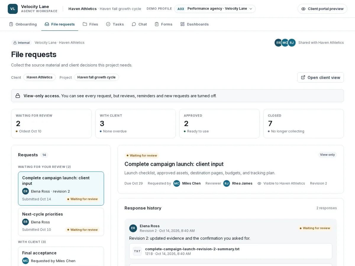 Performance agency evidence review for the performance-agency profile, showing the populated admin workflow